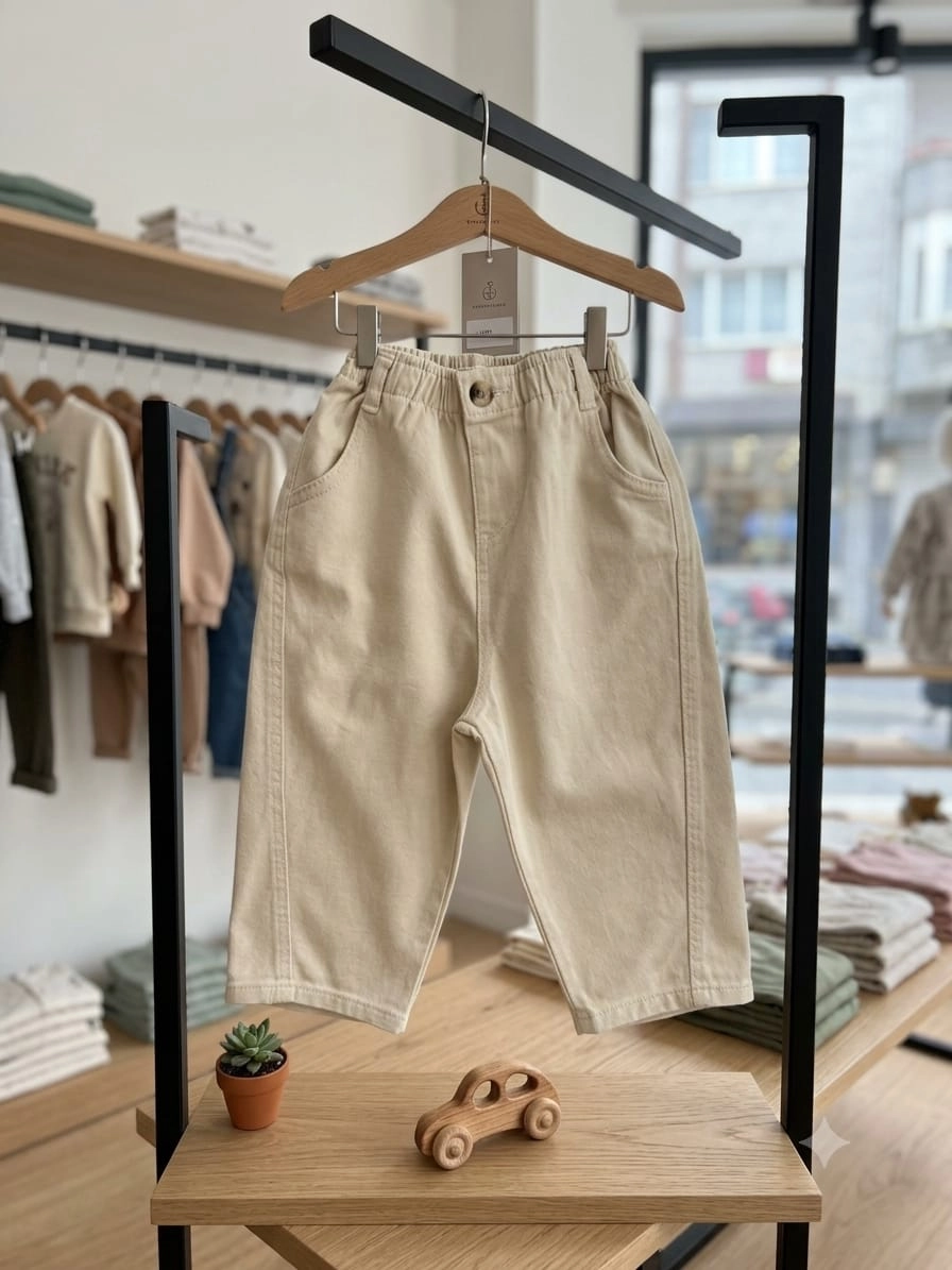 La’ciel Paris Unisex Çocuk Bej Baggy Fit Beli Lastikli Gabardin Pantolon