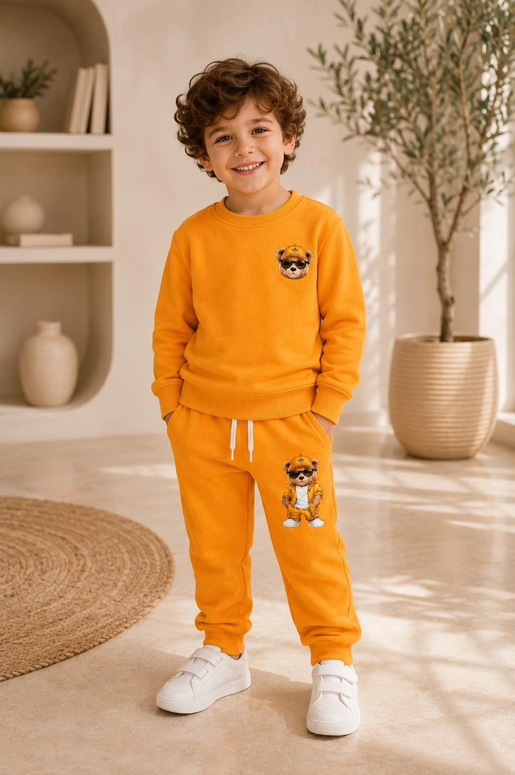 Unisex Çocuk Sarı Sweatshirt ve Eşofman Altı İkili Takım