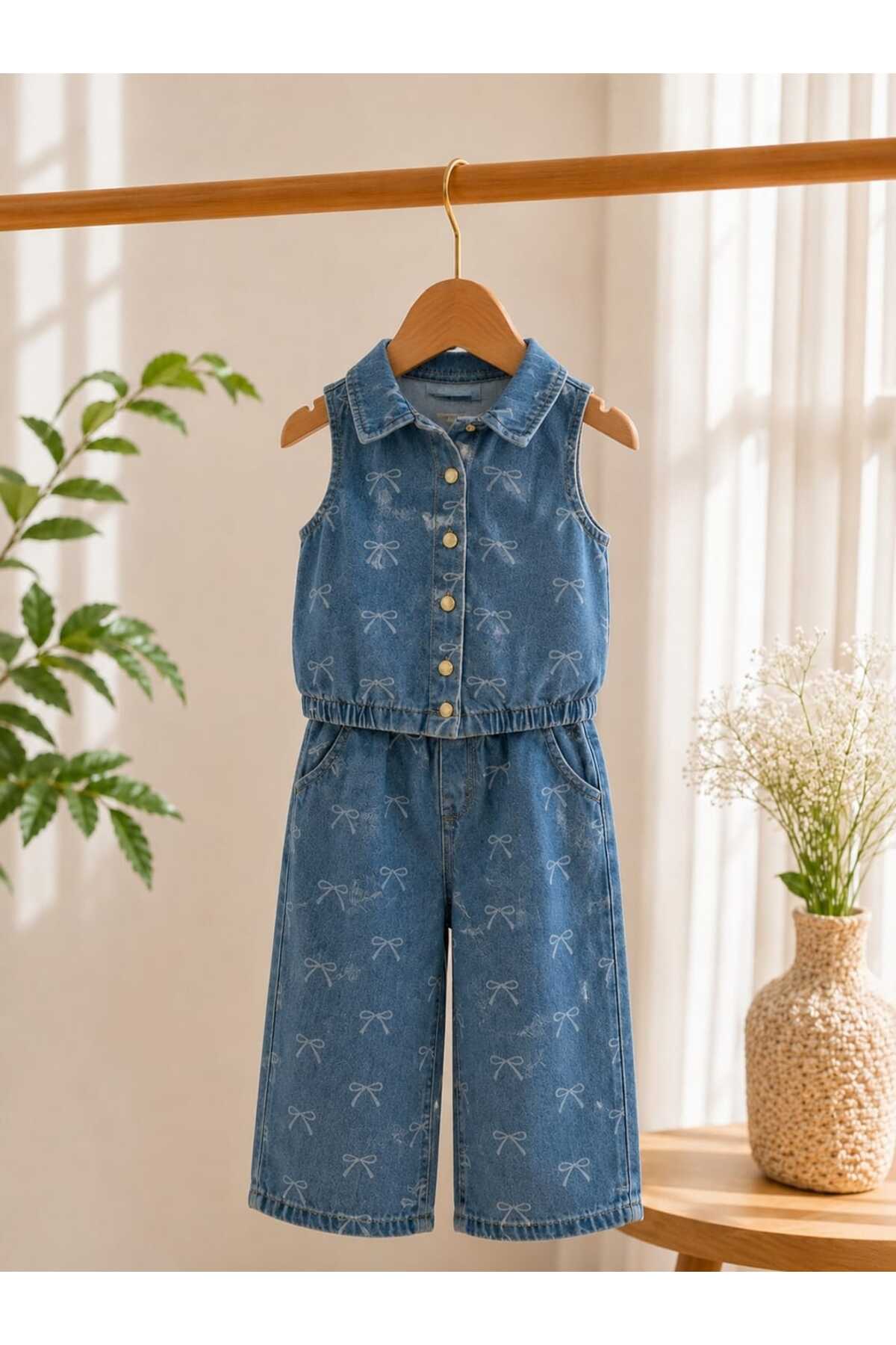 Kız çocuk fiyonk desenli denim takım