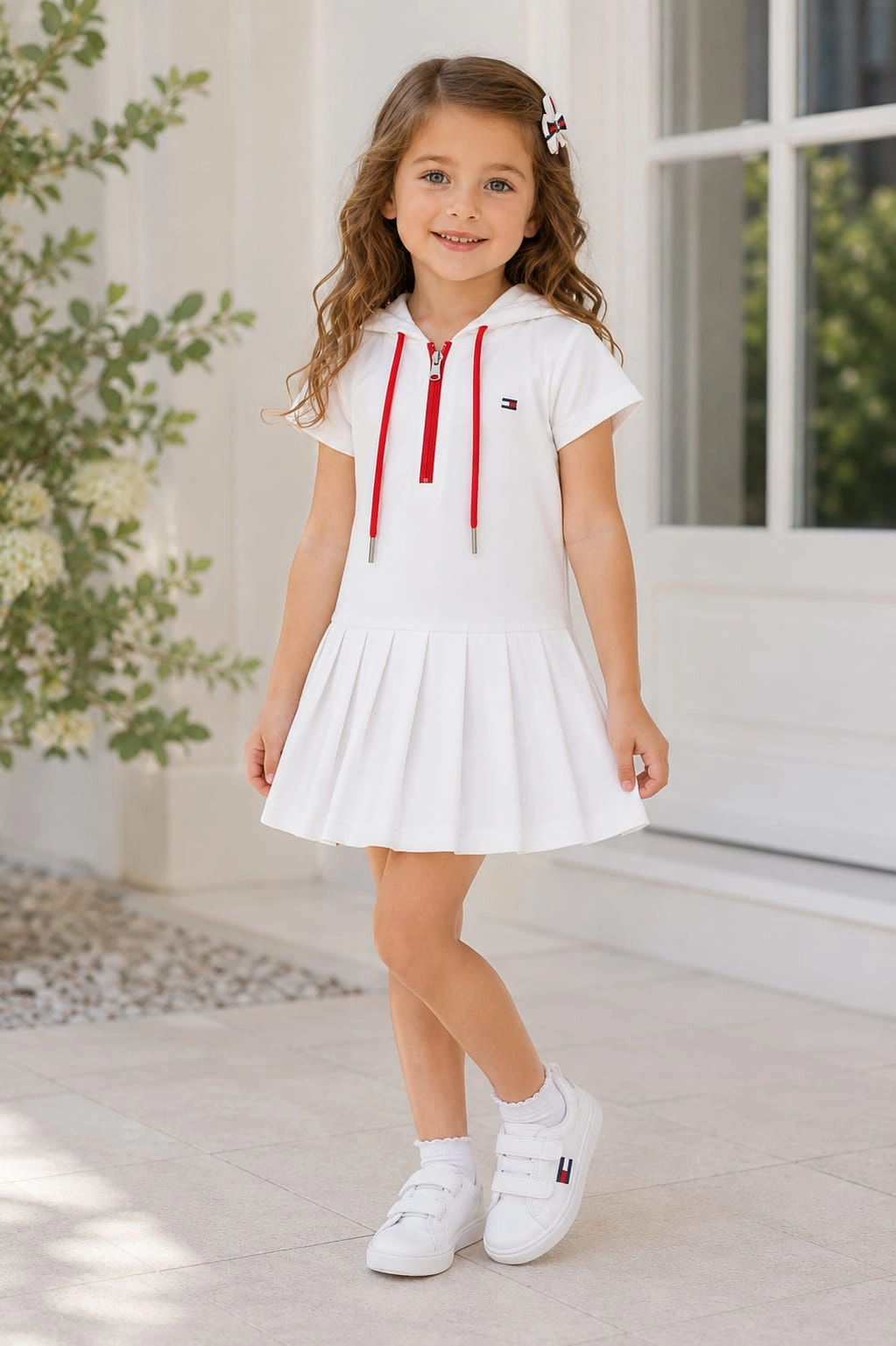 KAPÜŞONLU BEYAZ PİLELİ ELBİSE