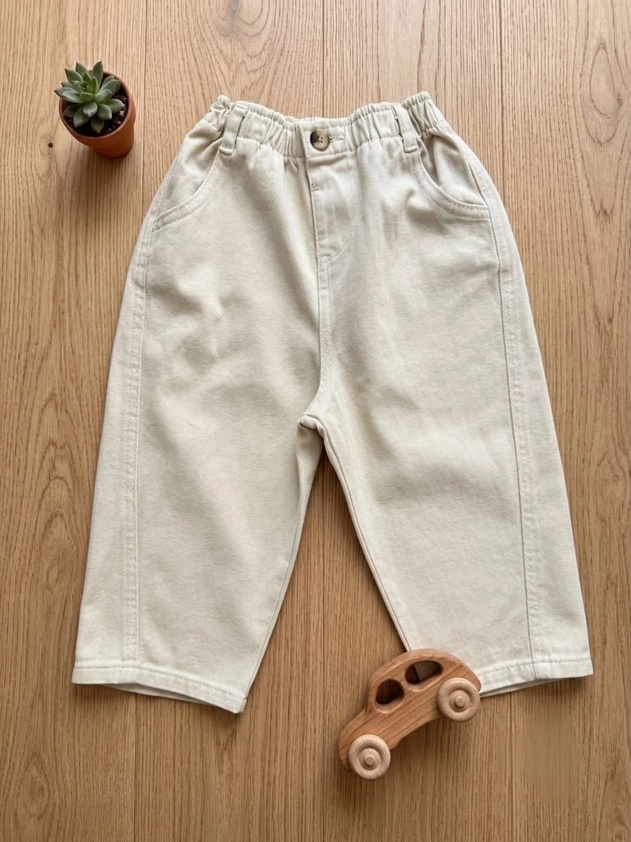La’ciel Paris Unisex Çocuk Bej Baggy Fit Beli Lastikli Gabardin Pantolon