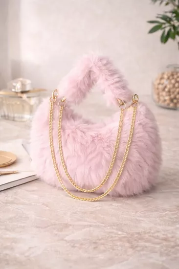 Kadın Peluş Omuz Çantası Altın Zincir Detaylı Günlük Şık Çanta