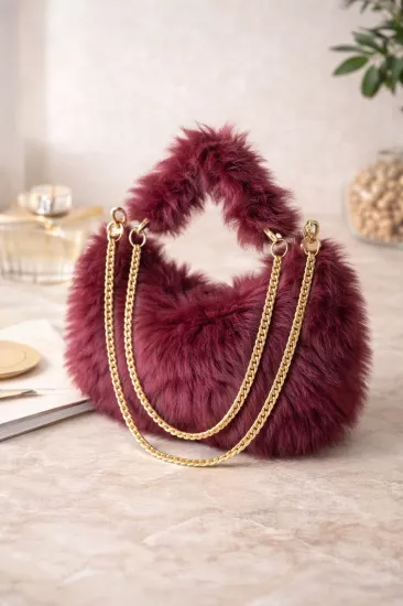 Kadın Peluş Omuz Çantası Altın Zincir Detaylı Günlük Şık Çanta